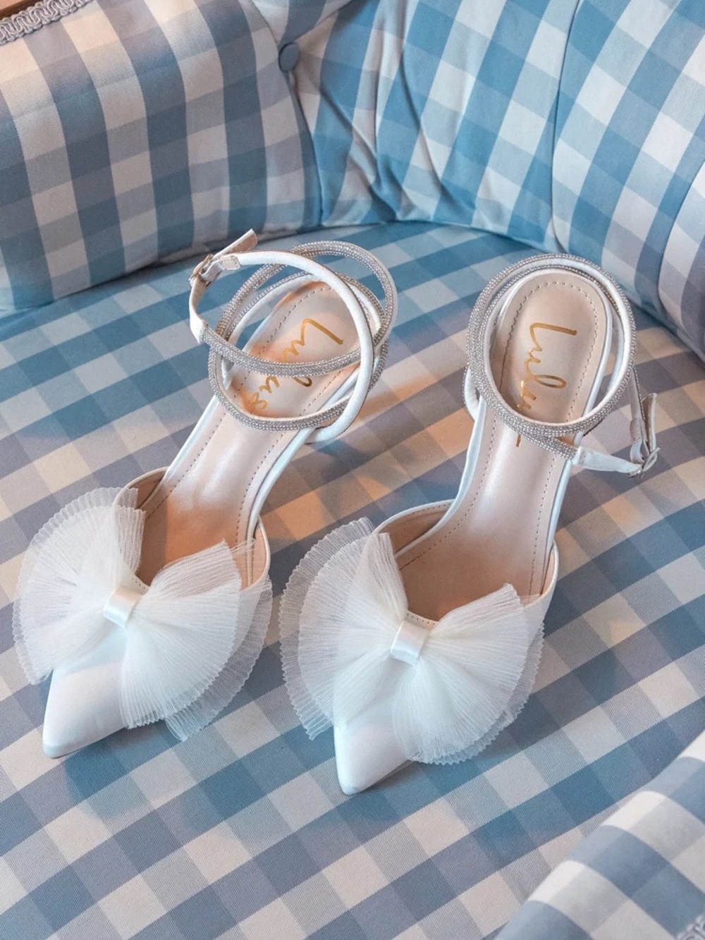 Lulus Lelanee White Satin Rhinestone Bow Ankle Strap Pumps